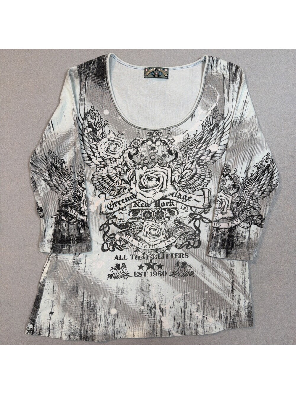 Vanilla Sugar Graphic 3/4 Sleeve Top Womens Small White Gray Floral Wings Grung